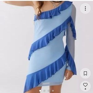 Urban Outfitters Blue and Light Blue One Shoulder Ruffle Dress NWT Size Large